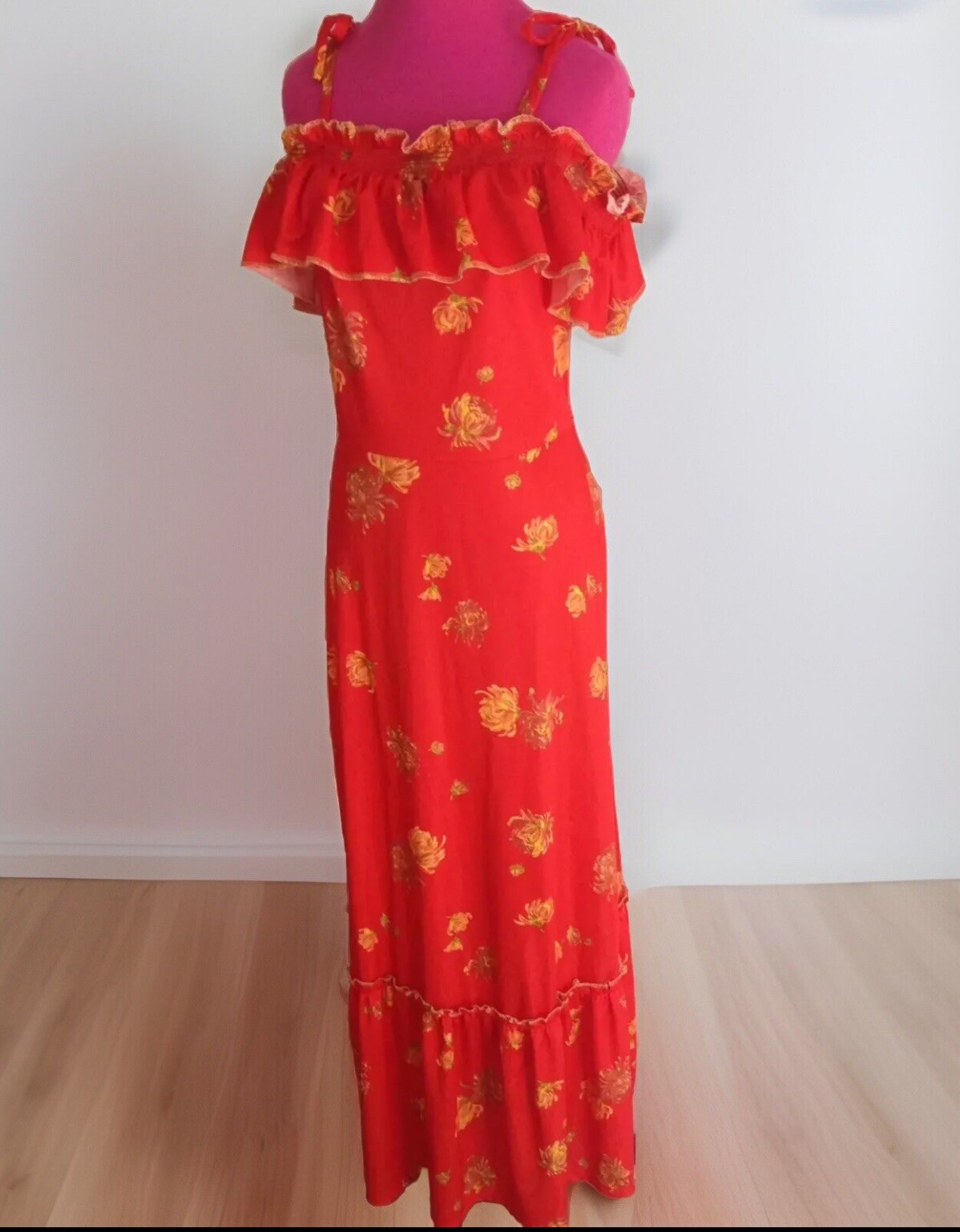 Vintage 70’s Penny Mist England On/Off Shoulder Floral Red Maxi Dress