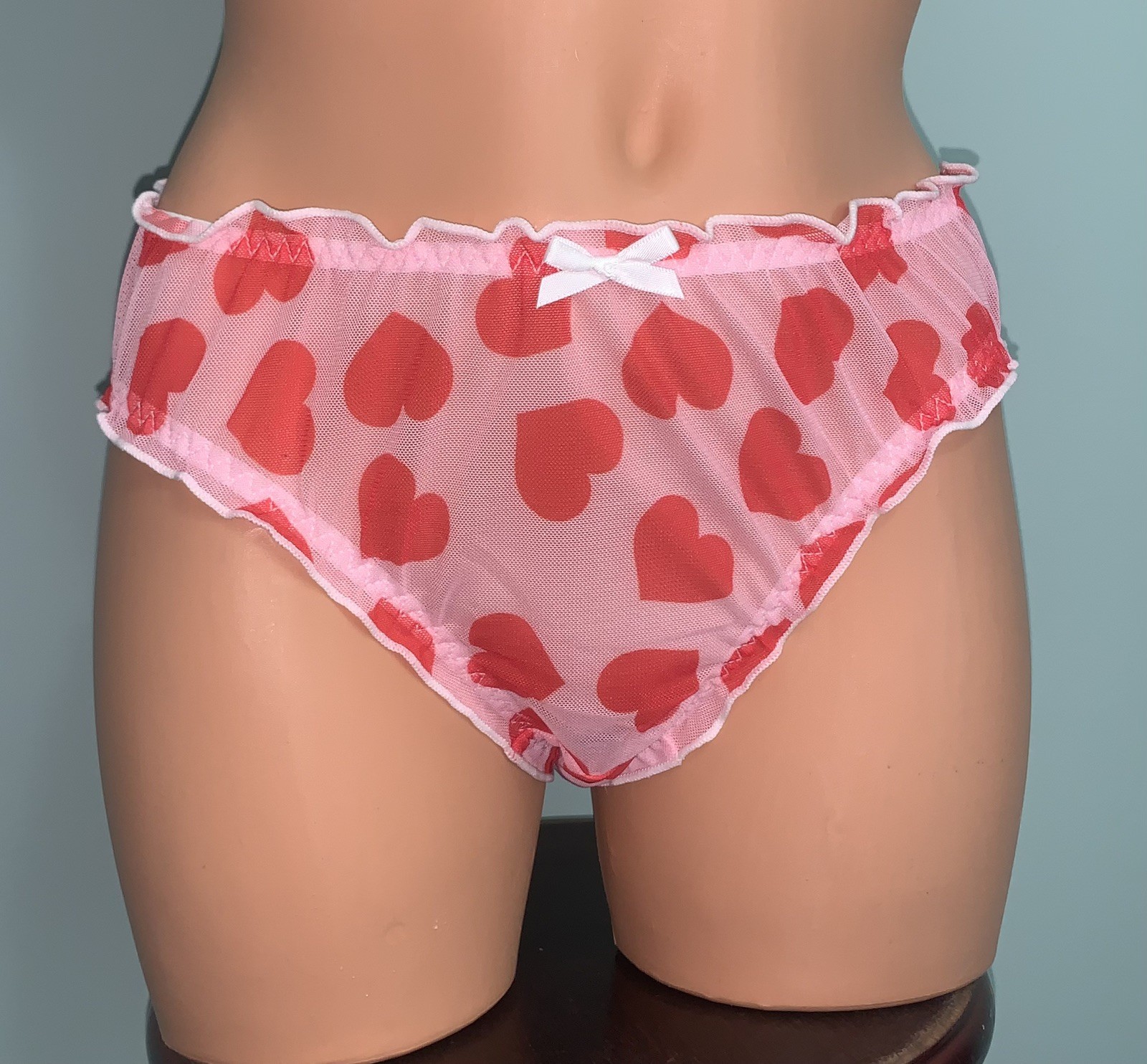 NEW SHEER Whisper Chiffon Panties Hi Cut Brief Panty L / XL satin Bow Hearts