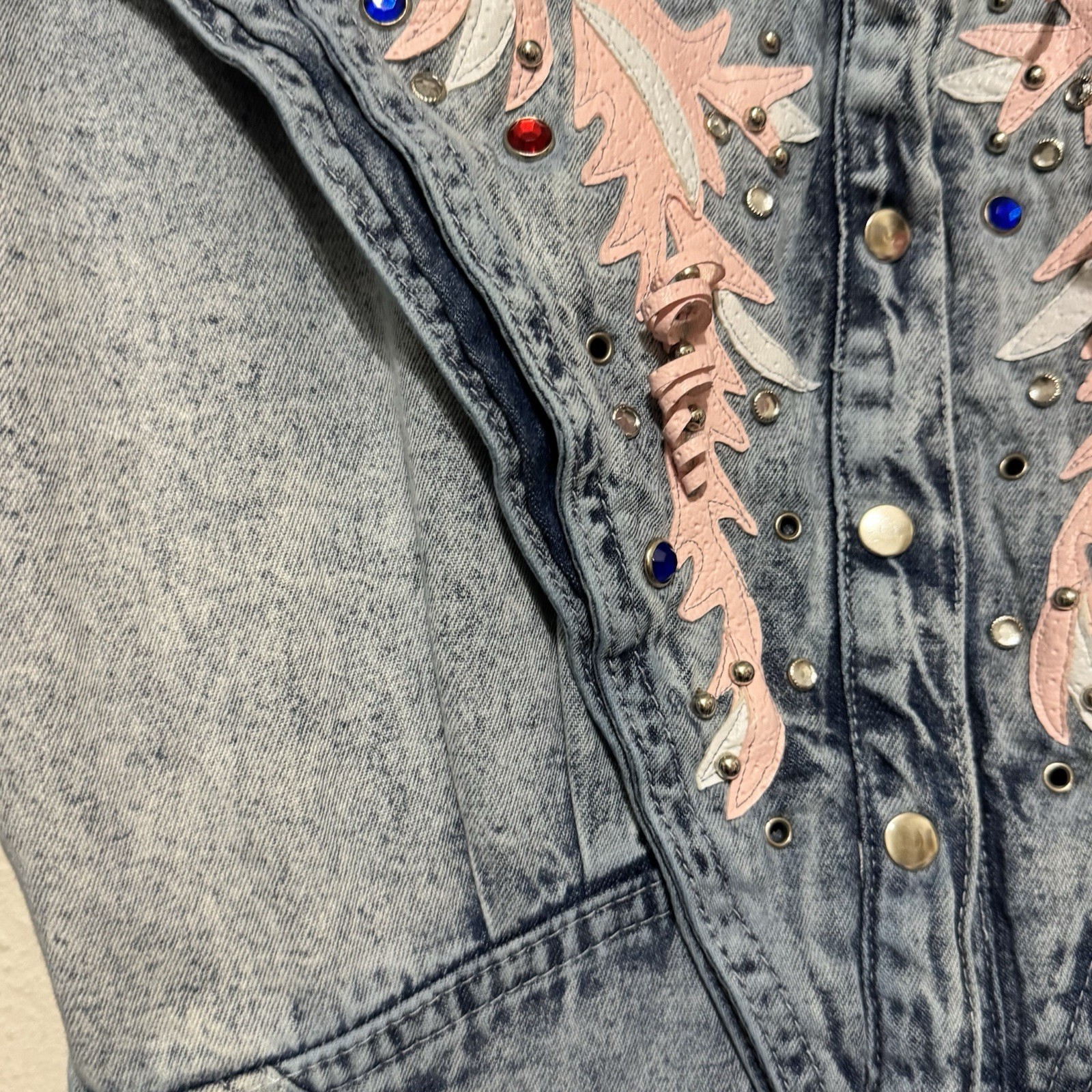 Vintage 80s Amdiano Italia Denim Acid Wash Jumpsuit size Medium pink leather gem