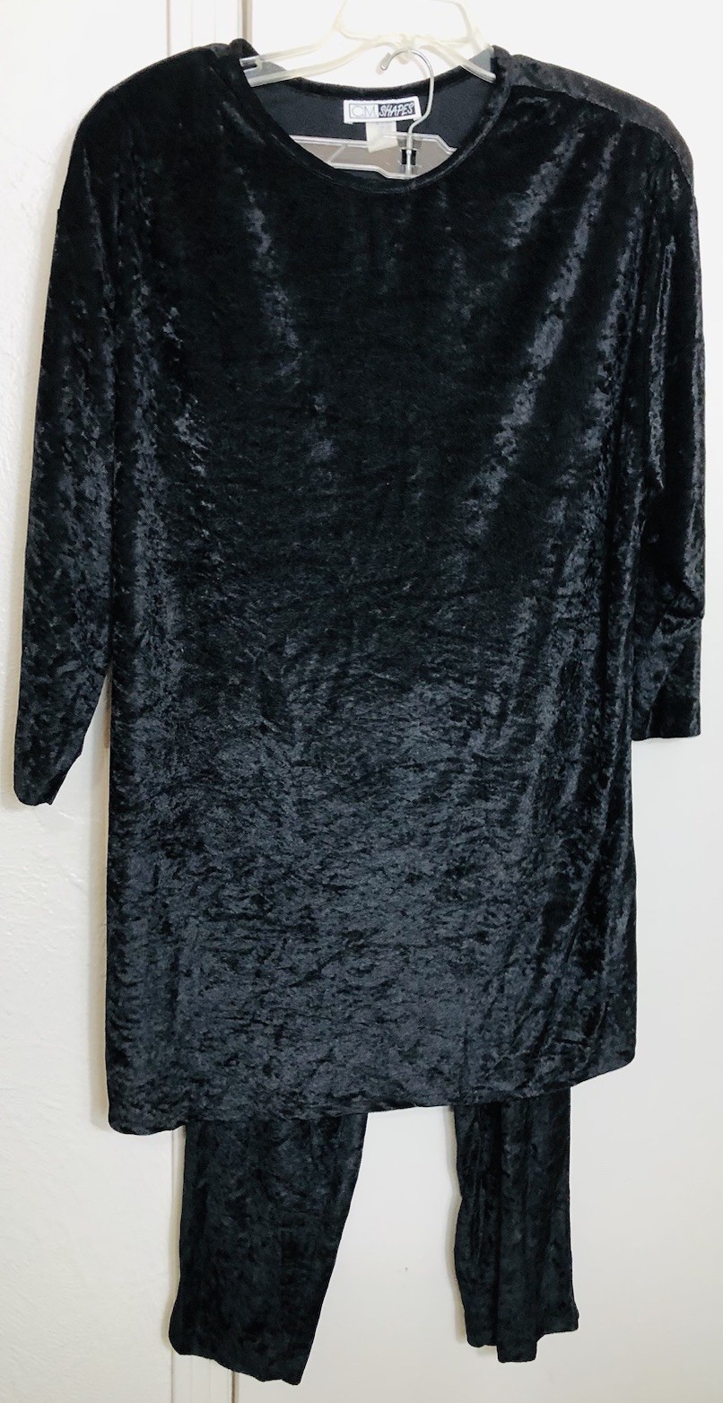 VTG Crushed Velveteen 2 PIECE Black PullOn Strgt Leg Pant Pull On Top Wm Sz 1X