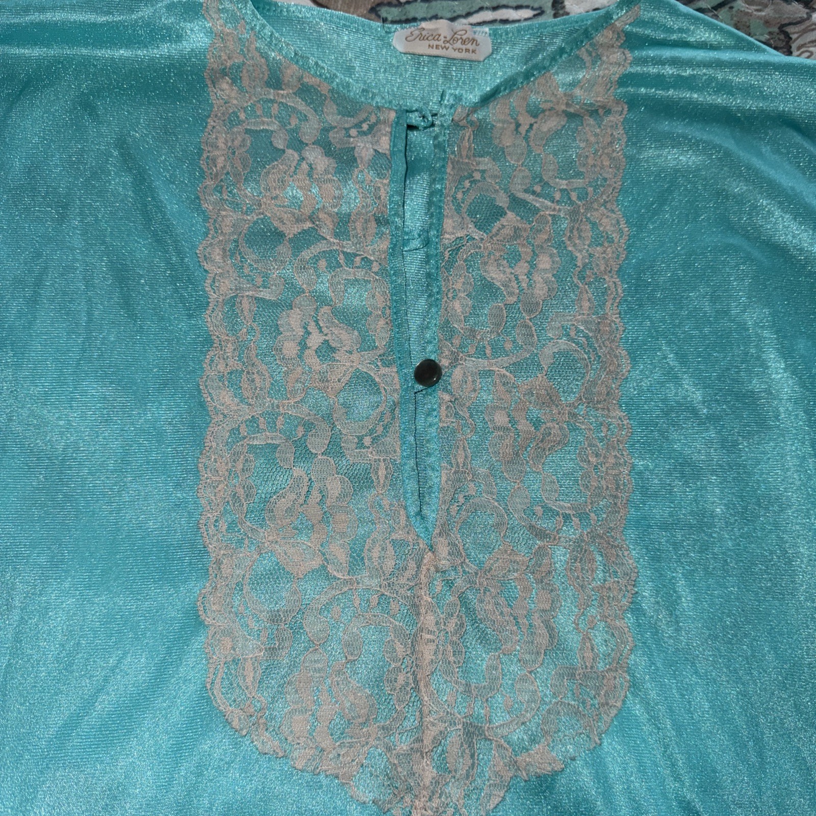 ERICA LOREN Vtg 1970s NYLON Pajama Set AQUA Blue Lace Trim SMALL Boho