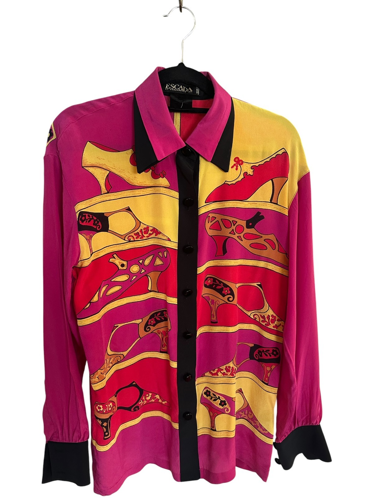 Vintage 90s Escada Silk Shoe Print Shirt Margaretha Ley Pink rare Germany