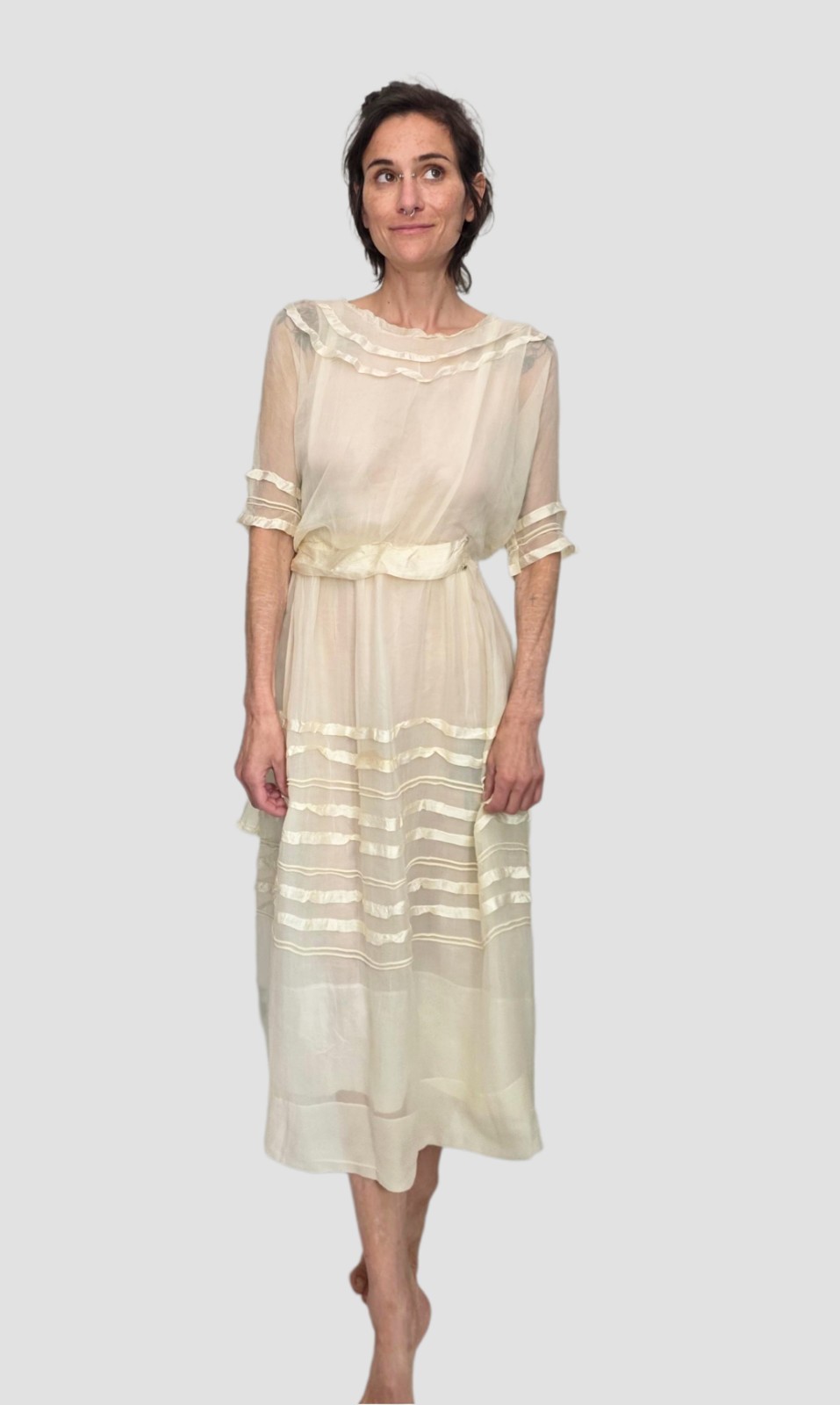 1910s Ivory Silk Chiffon Dress | Edwardian Tea Dress | Sheer Ribbon Trim Antique