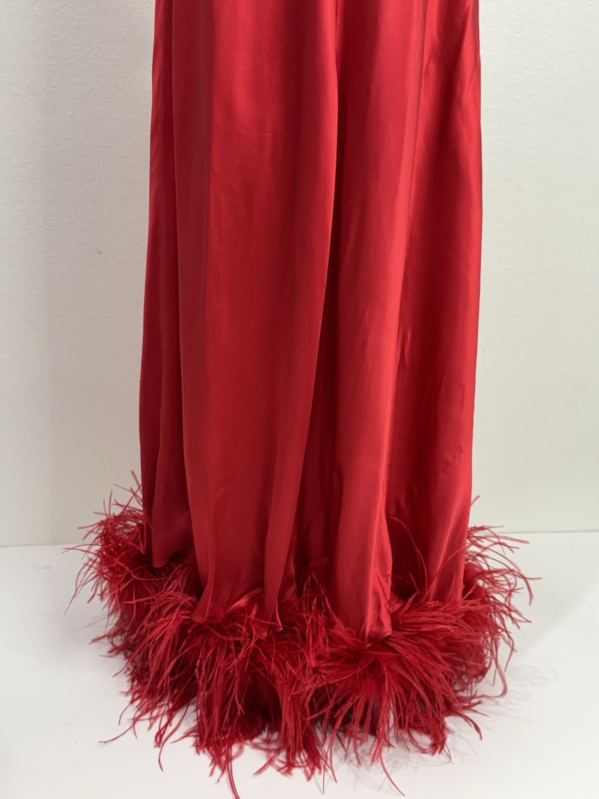 Vtg Jacalyn Bennett Fredericks Silky Red Satin Boudoir Gown Feather Trim S/M