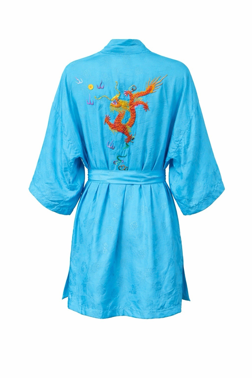 Vintage Golden Bee Embroidered Dragon Kimono Robe Turquoise Asian Style M