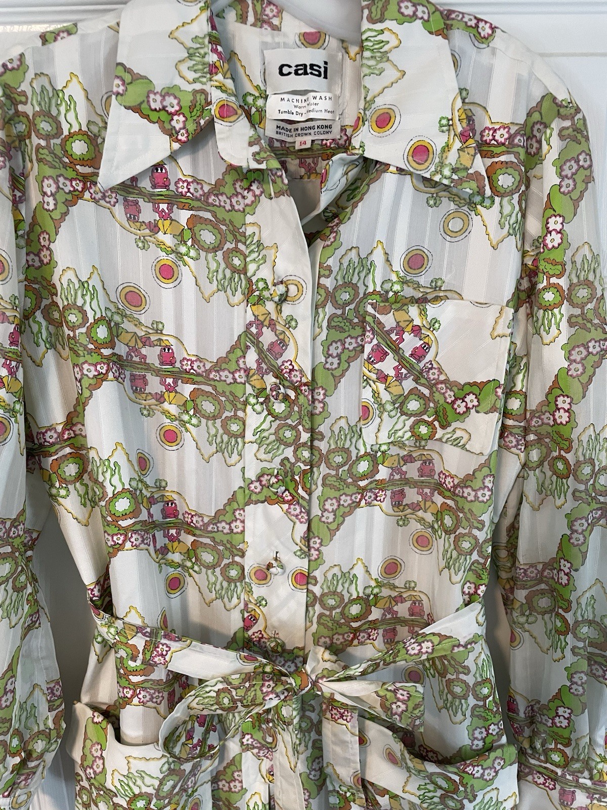 70’s Casi Shirt Waist Dress Vintage Size 14 White Green Pink Volkswagen Bug