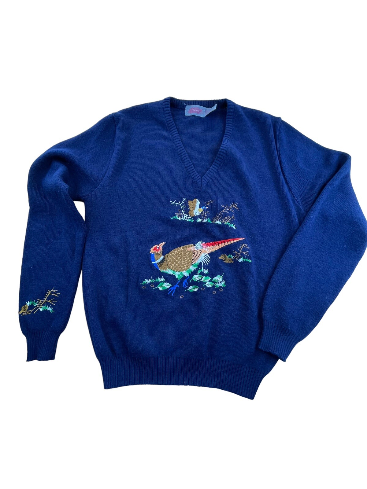 Vintage J C Penney Sweater Embroidered Pheasants V Neck S/ M Acrylic blue Taiwan
