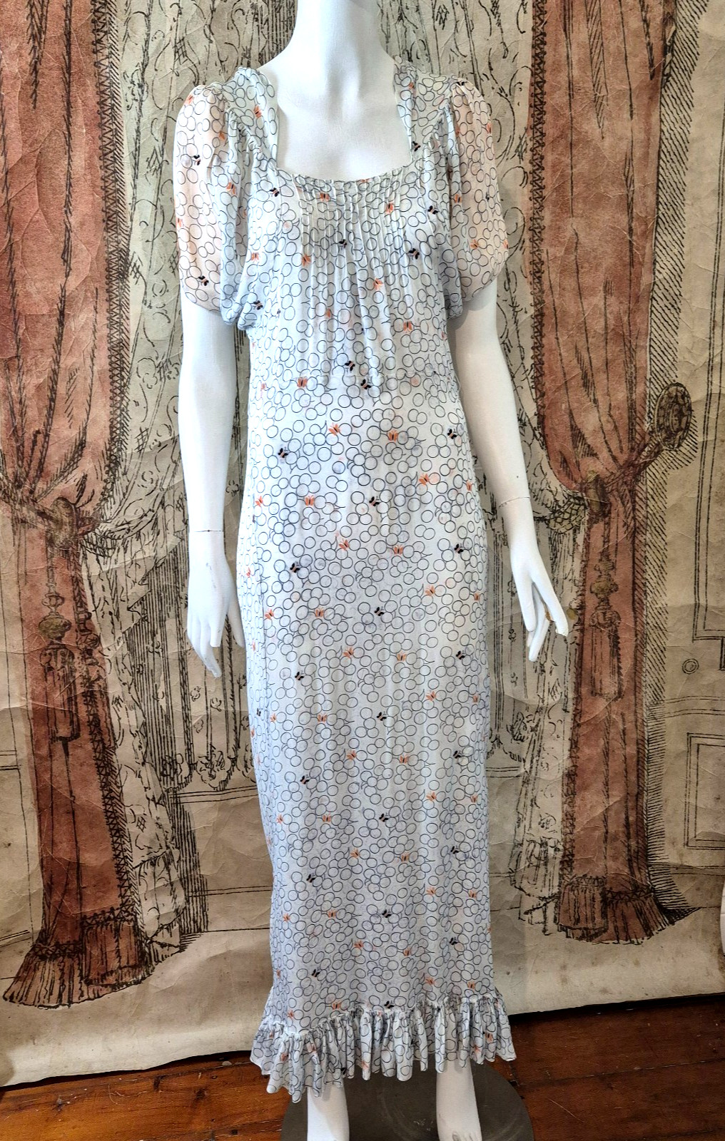 1930&rsquo;s Vintage Maxi Dress Bias Cut Crepe White & Orange Size 8 READ
