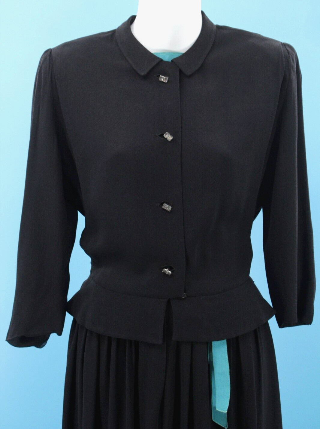 Vtg Women&rsquo;s 40s Black & Teal Trim Shirtwaist Dress W/ Peplum XS/S 1940s
