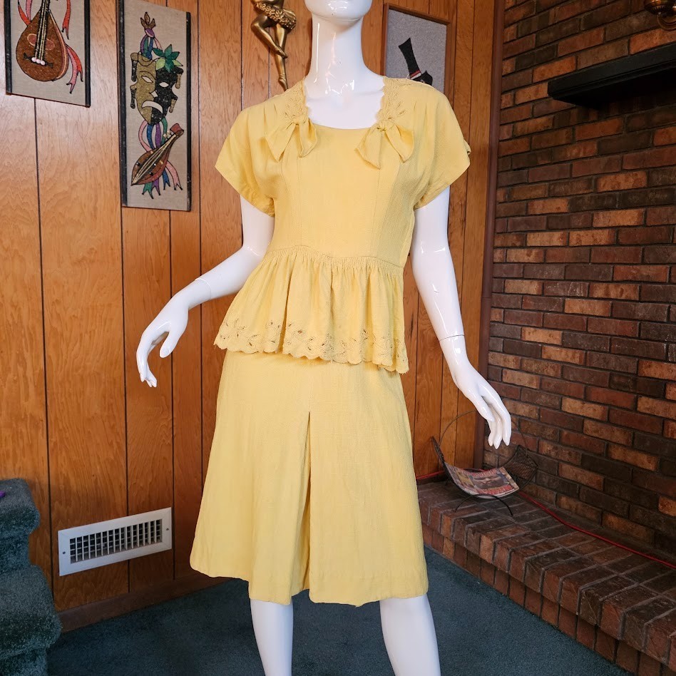 Vtg 30s Mustard Linen Cord Embroidery Peplum Sportswear Afternoon Day Dress S
