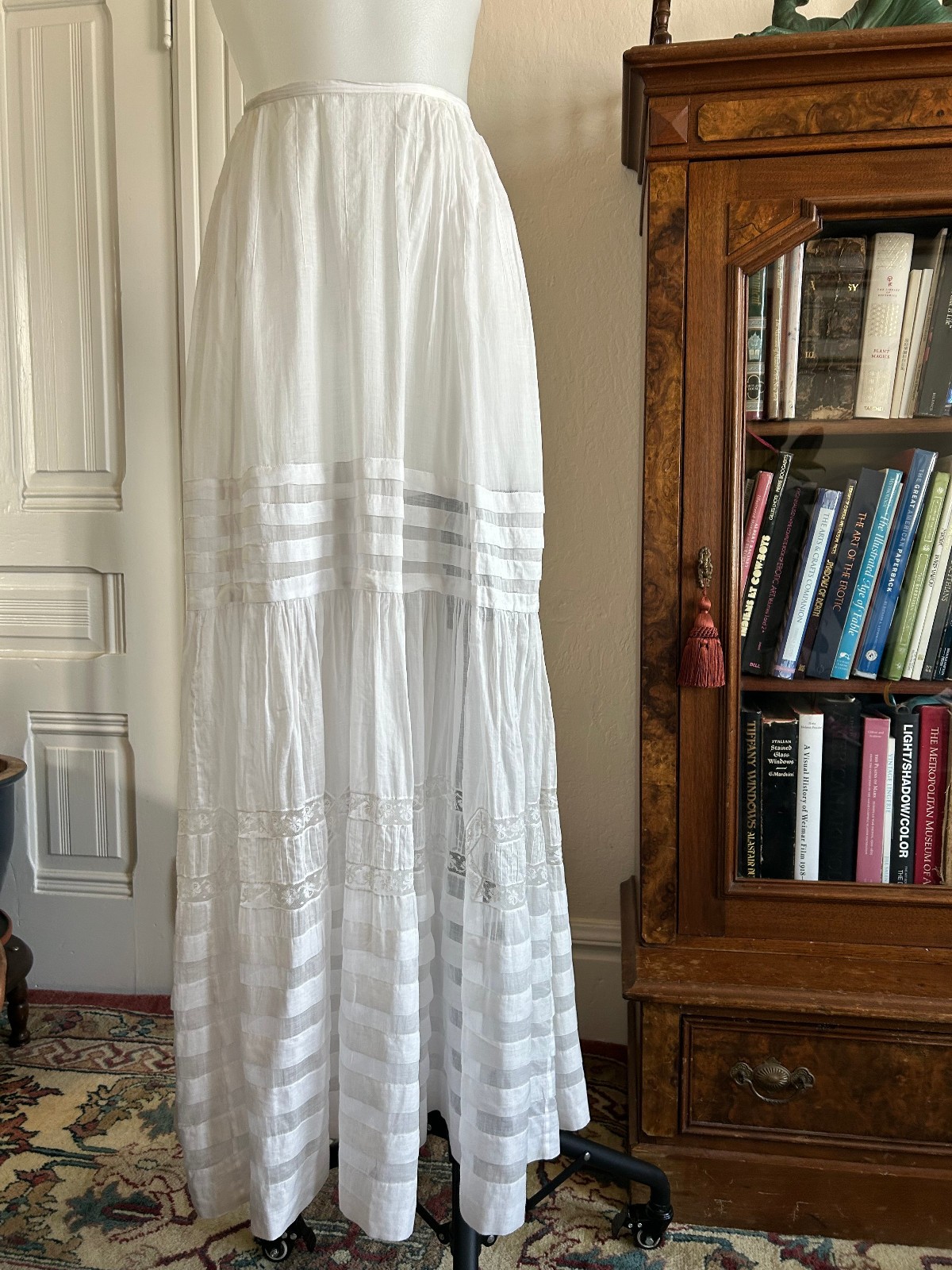 Antique Victorian Edwardian Cotton Lawn Skirt Sheer White Lace Petticoat VTG SM