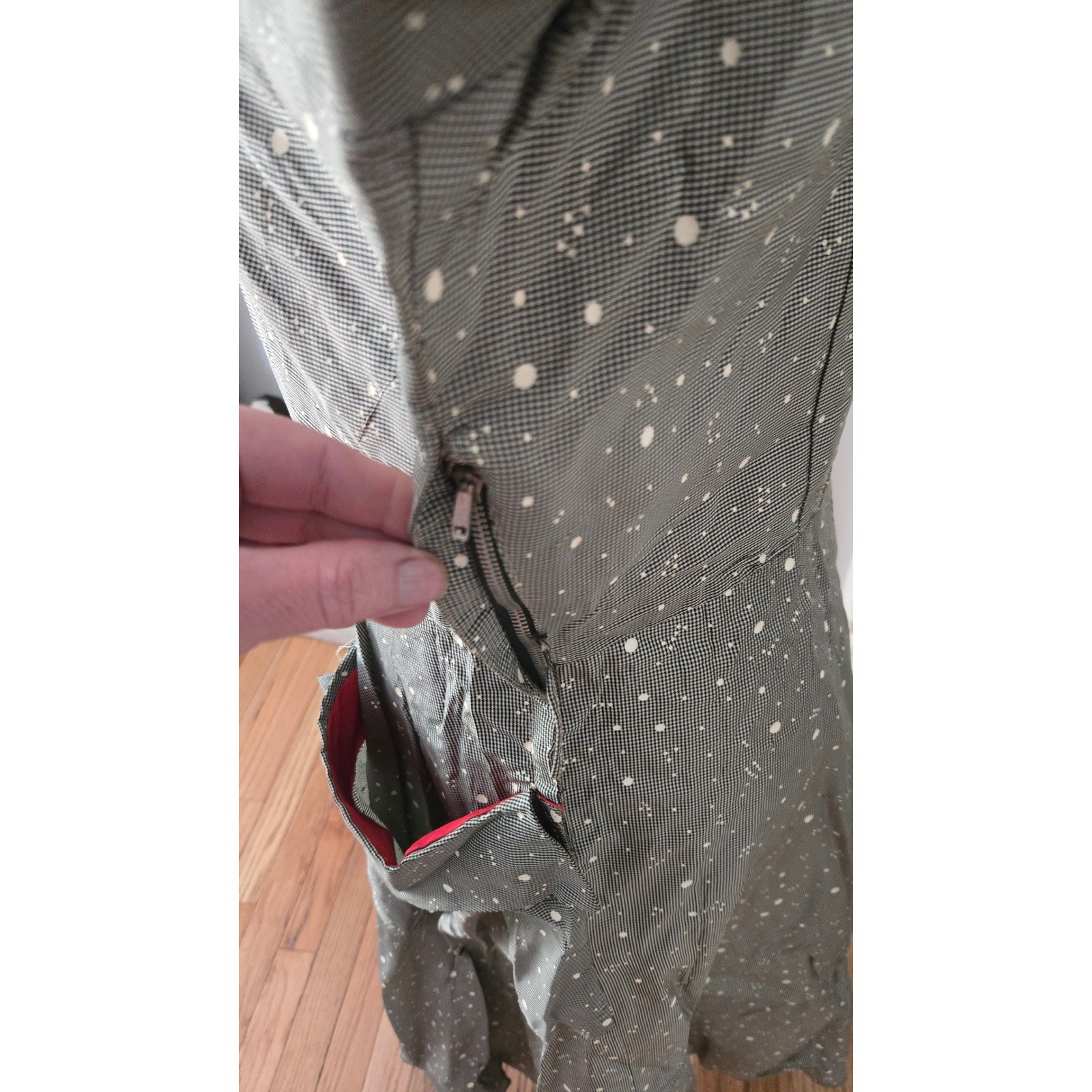 Vintage 50s Grey Atomic Splatter Dot Cotton Dress Red Lined Pockets Rockabilly