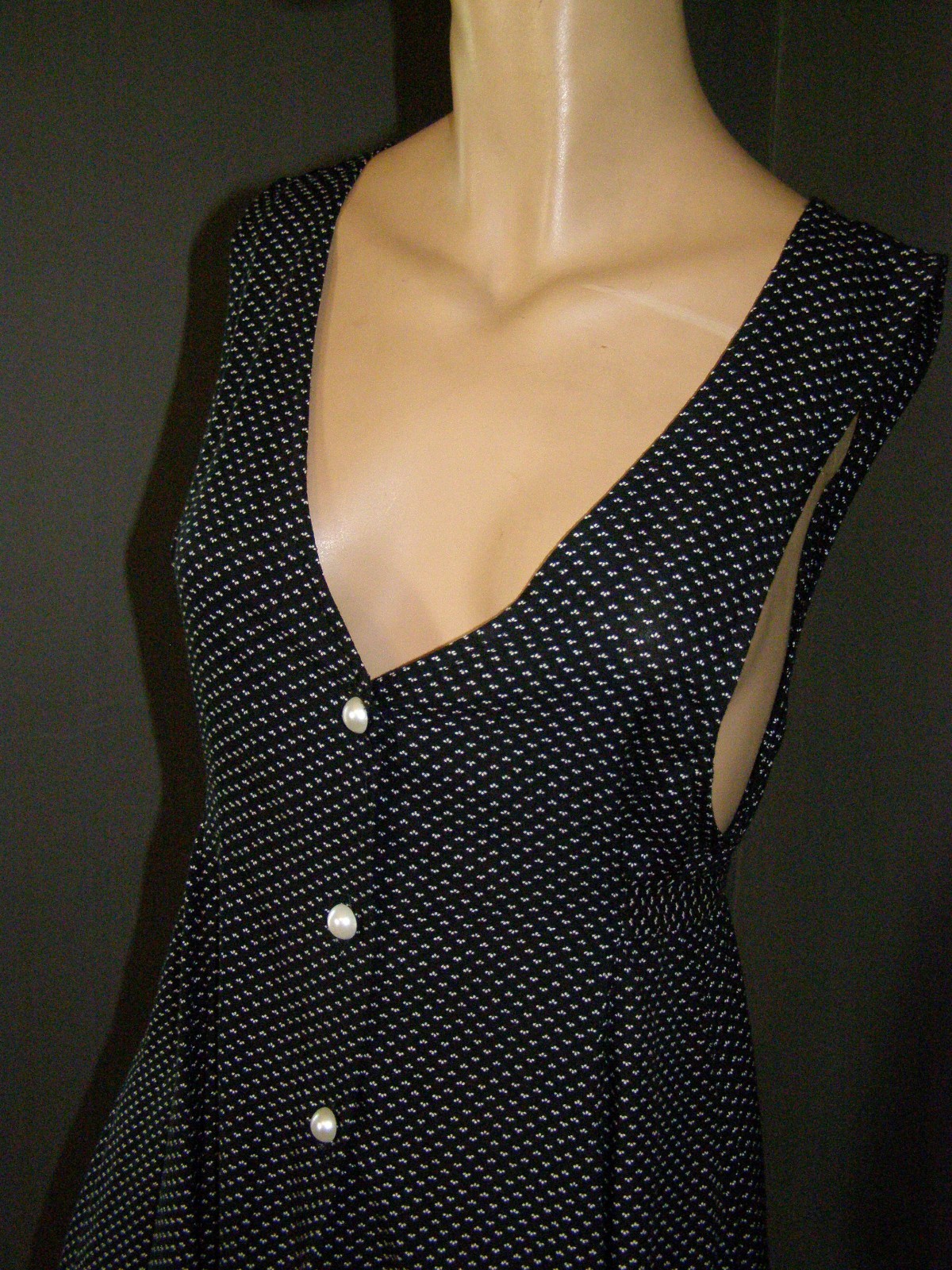 Vintage 90&rsquo;s black pearl button up MINI DRESS S M tie back waist V-neck GRUNGE