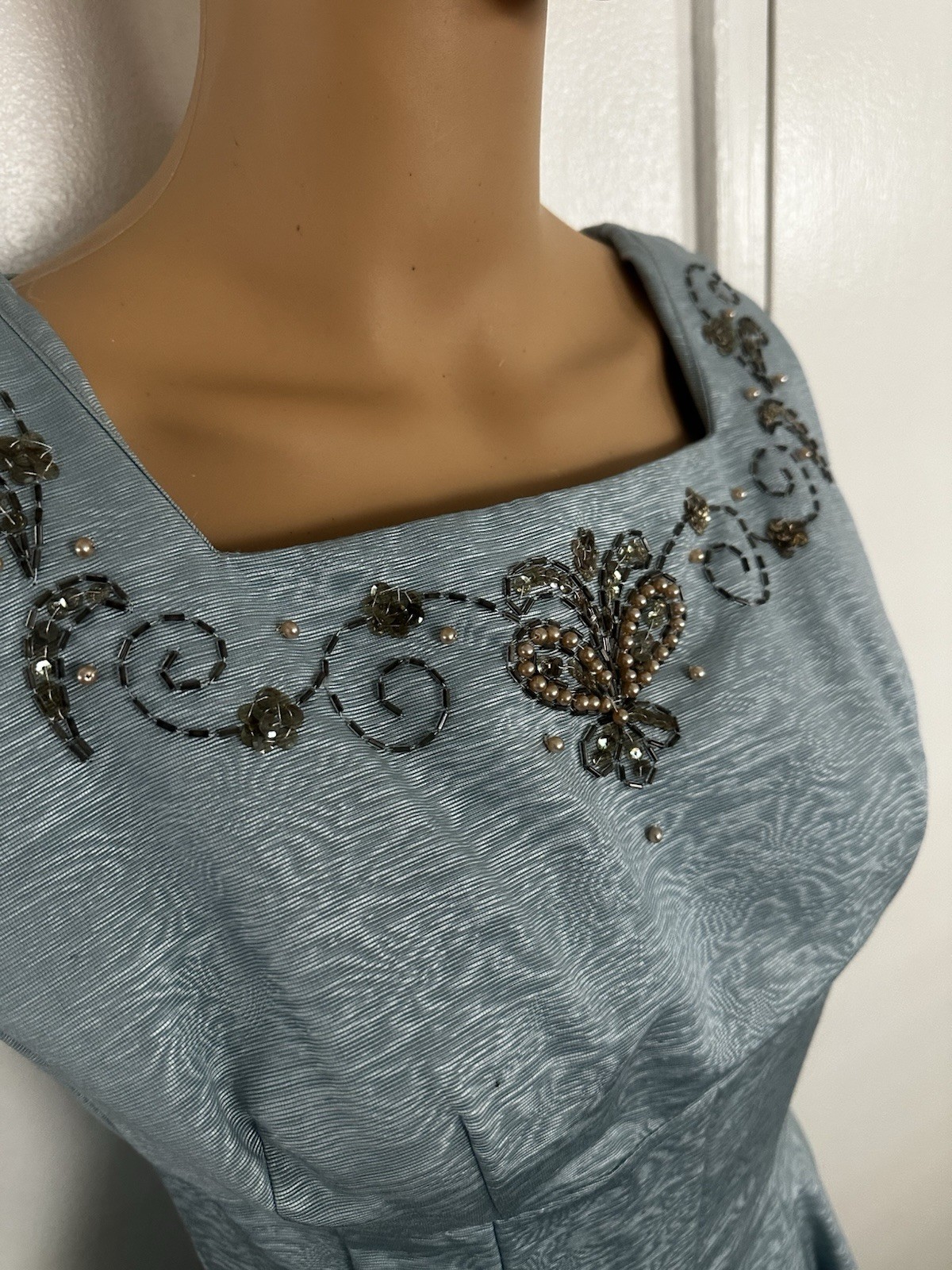 PRISTINE Vtg 1950s JUNIOR THEME Blue Moire Taffeta Dress & Bolero Set Beaded XS