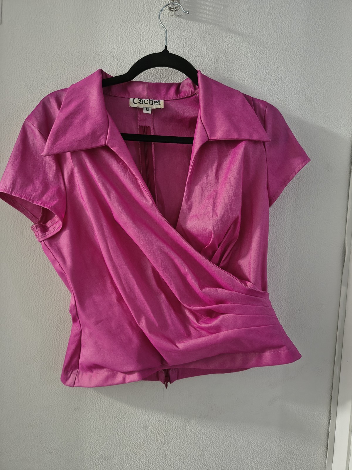 Vintage 80s 90s Womens Cachet Hot Pink Satin Wrap Blouse V Neck Collar