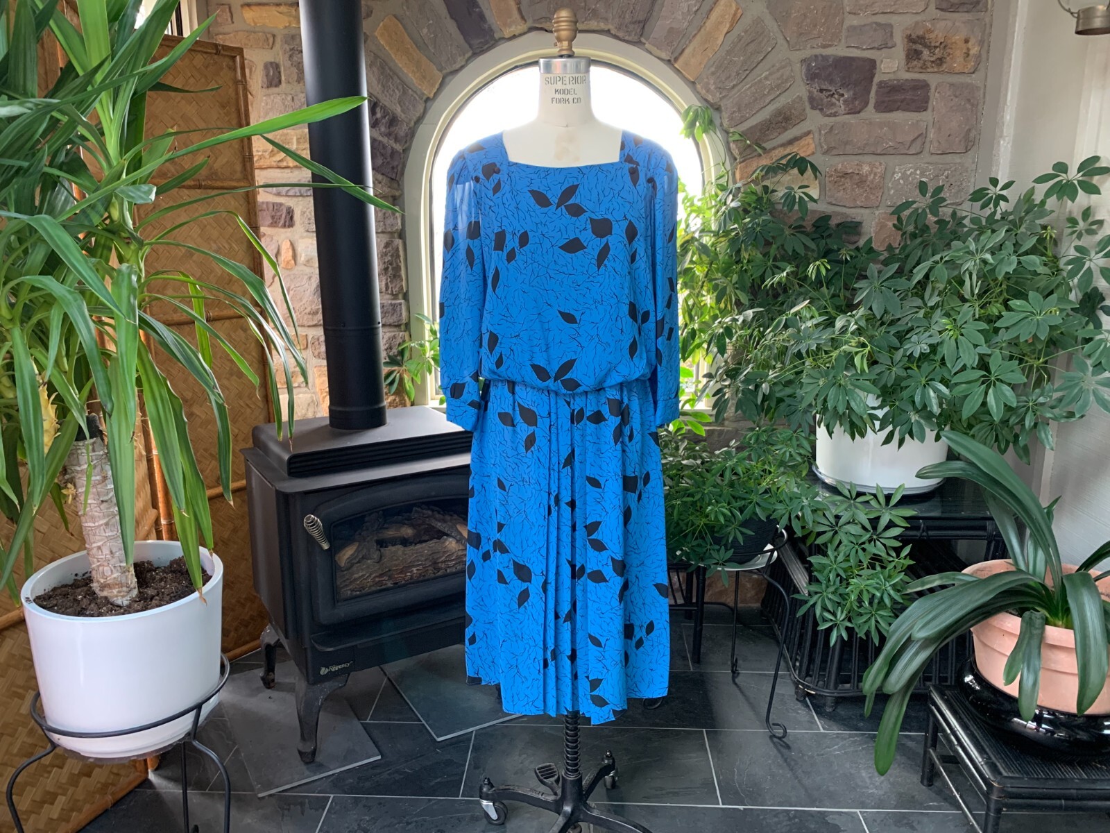 Vintage 1980s Blue and Black Abstract Print Polyester Dress Maree&rsquo; Made Jamaica