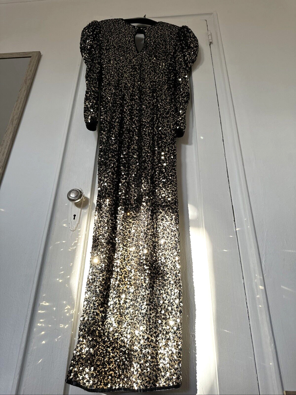 FAB! Vintage Black Tie He-Ro Womens Long Dress Black Beaded Sequined 80s S-M