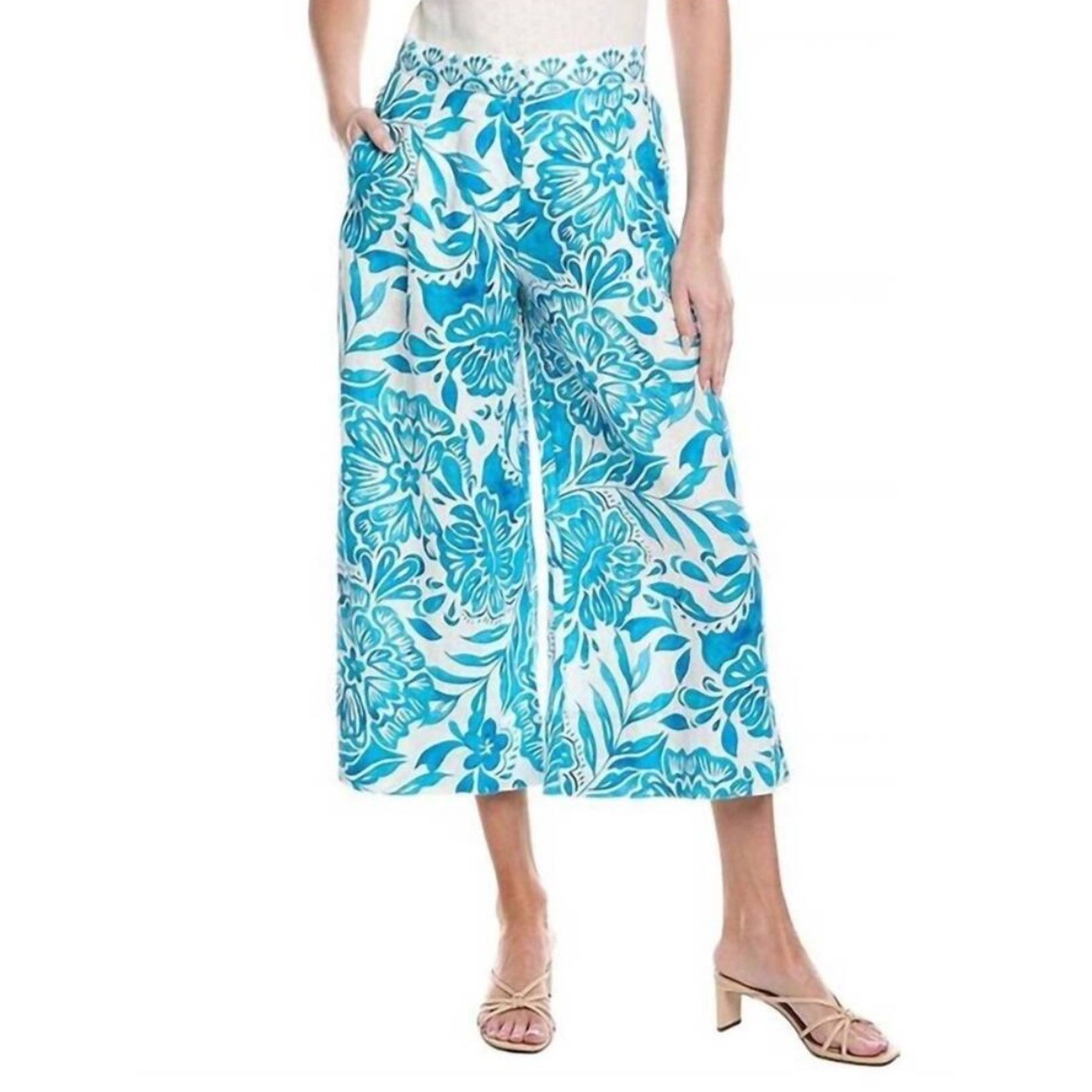 Johnny Was blue white linen pleated culotte wide leg pants size XL NWT