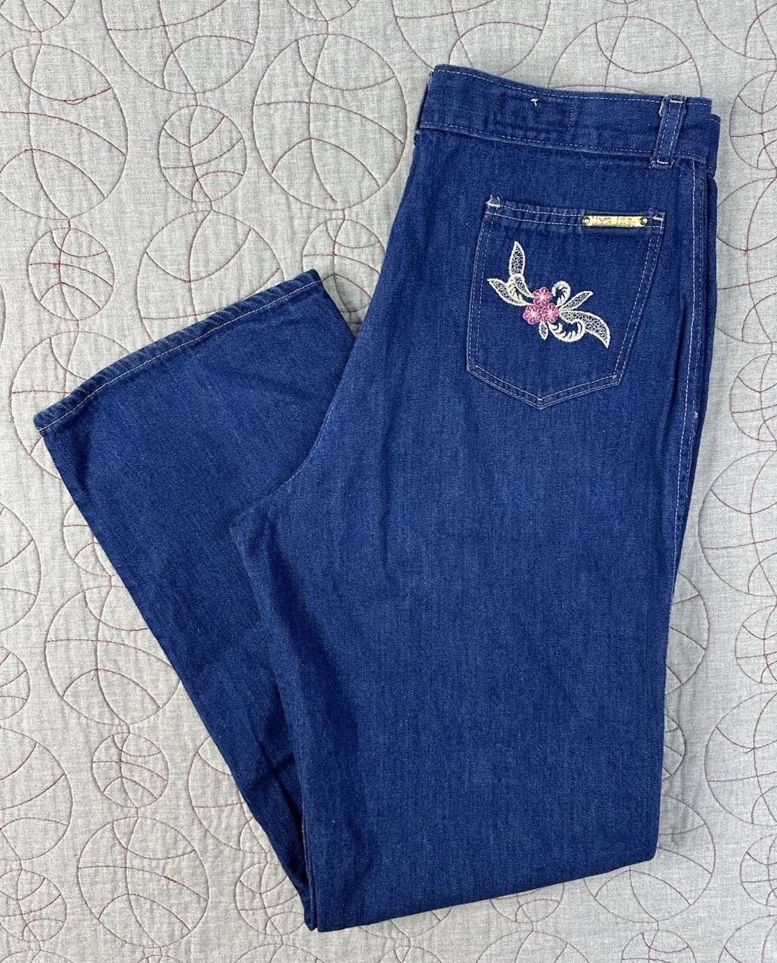VTG 80s Live Ins High Rise Wide Straight Jeans Talon Zip Floral Embroidered 12