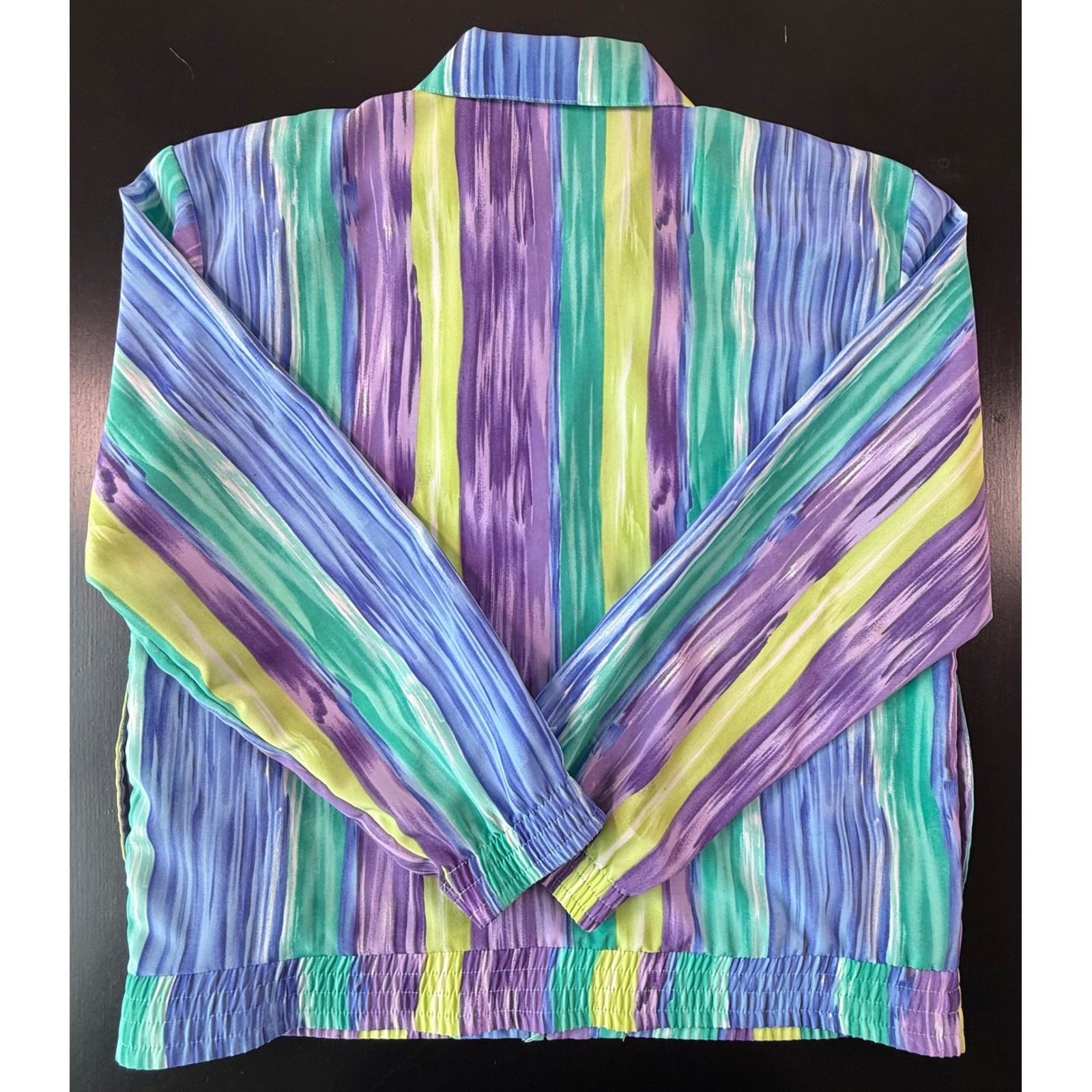 Teddi Petite Vintage Abstract Stripe Zip Up Bomber Jacket Purple Blue Green L