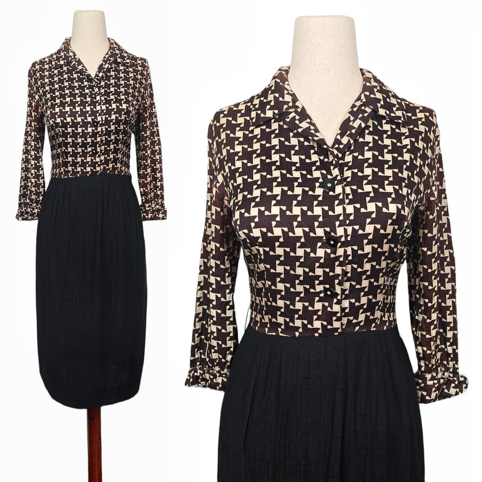 1950s Vintage Dress 50s Cocktail Wiggle Brown Cream Houndstooth Small Leslie Fay