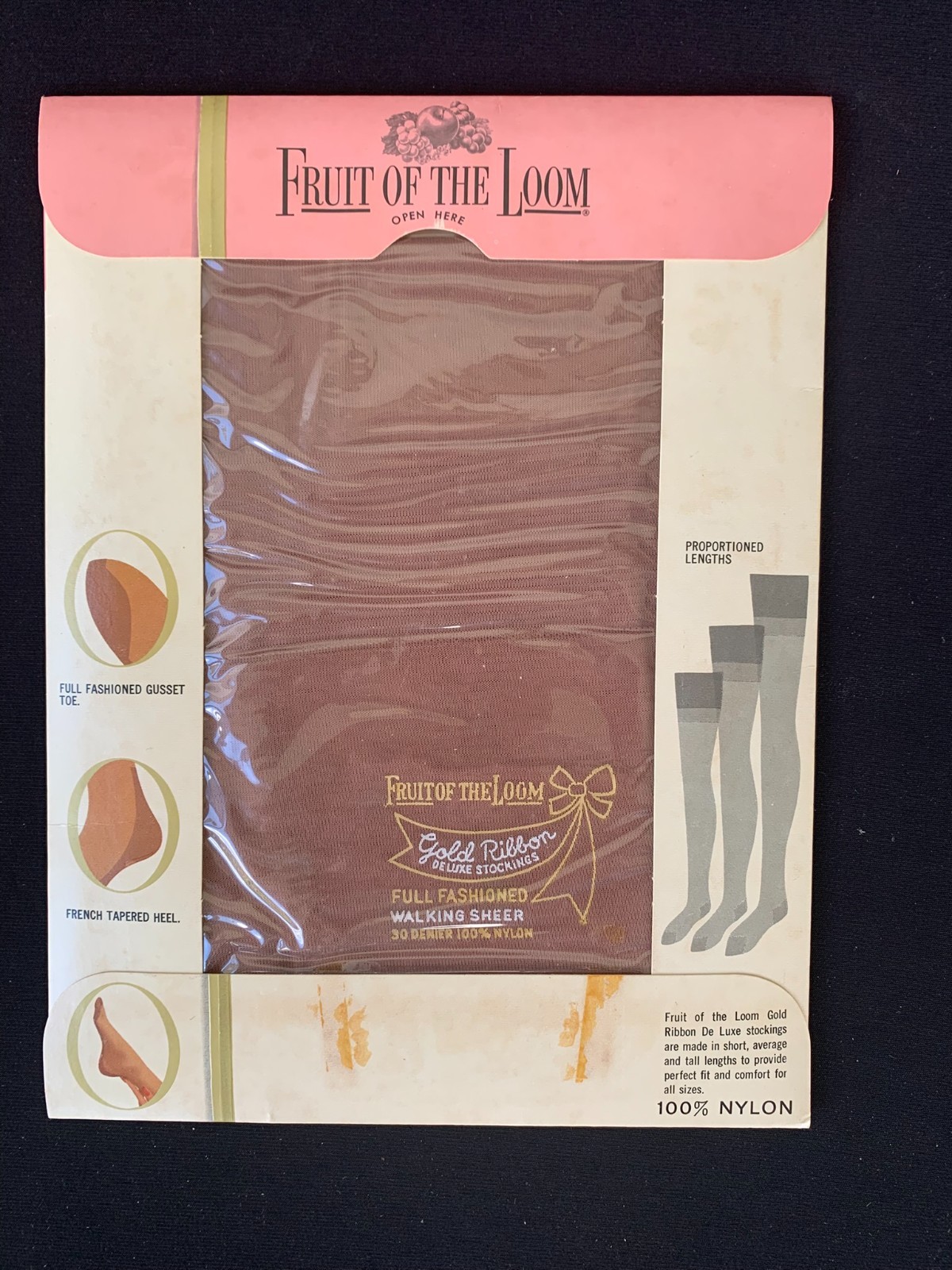 Vintage Fruit Of The Loom Nylon Stockings Gold Ribbon Deluxe Walking Sheers Sz 9