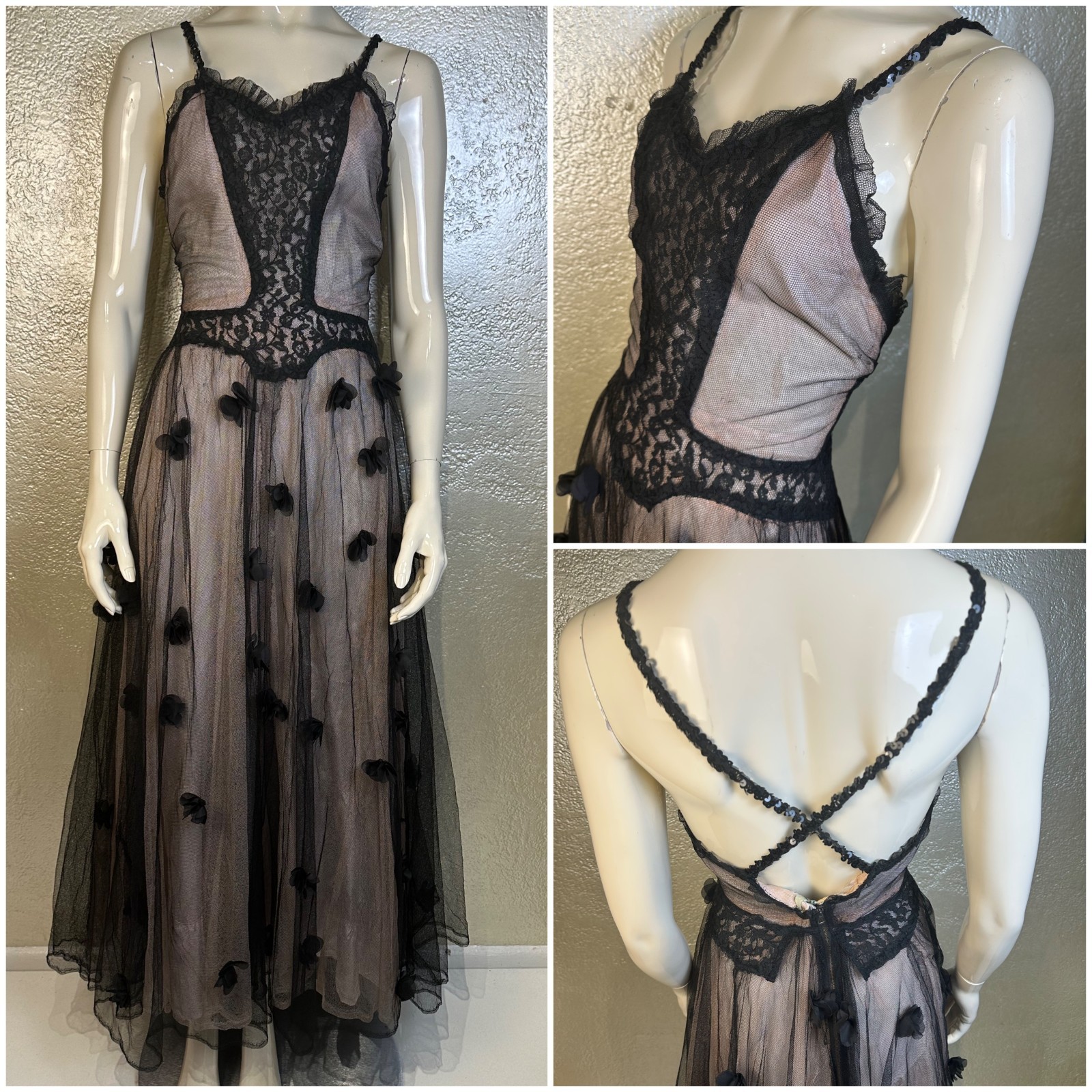 VTG 1930&rsquo;s-1940&rsquo;s Black Lace Gown Nude Lining Chiffon Floral Floor Length Dress