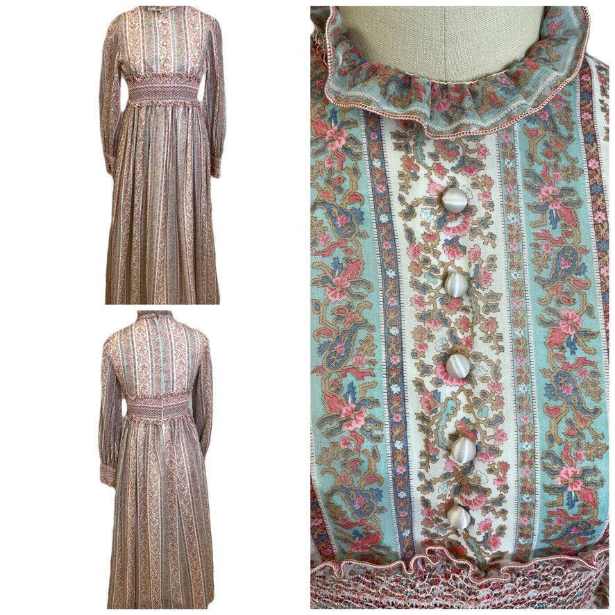 VTG 1970s Maxi Dress Pink Blue Floral Stripe Smocked Waist Victorian Revival S