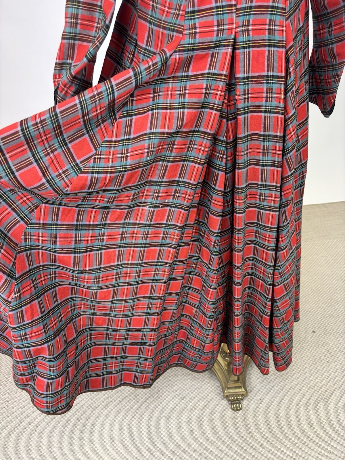 Antique Victorian Walking Coat Plaid Red Green Black Yellow Burnout Velvet AS IS