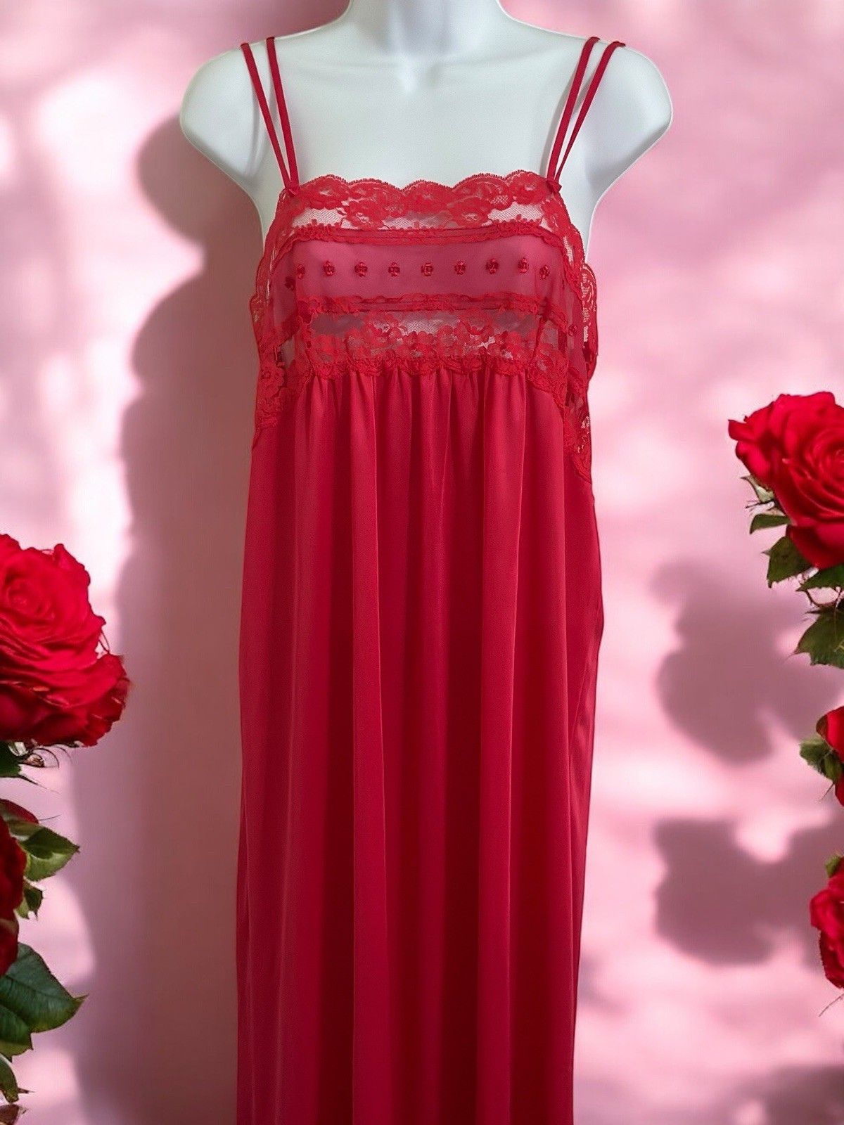 Vintage Hot Pink Long Night Gown Size Large Made In USA Lace Trim And Bust Sexy