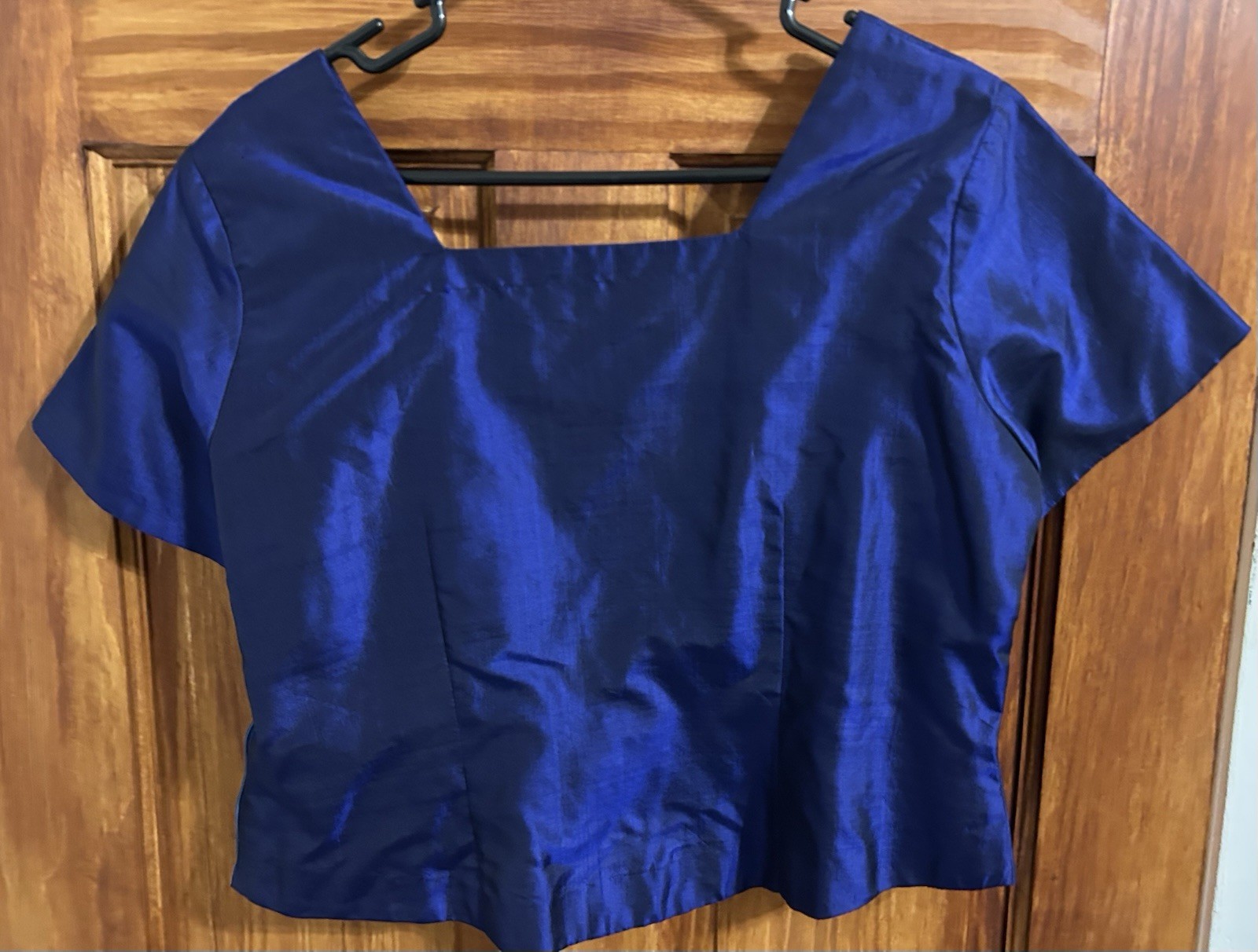 Vintage 60s Handmade Medium Blue Silk Taffeta Blouse Regency Glamour