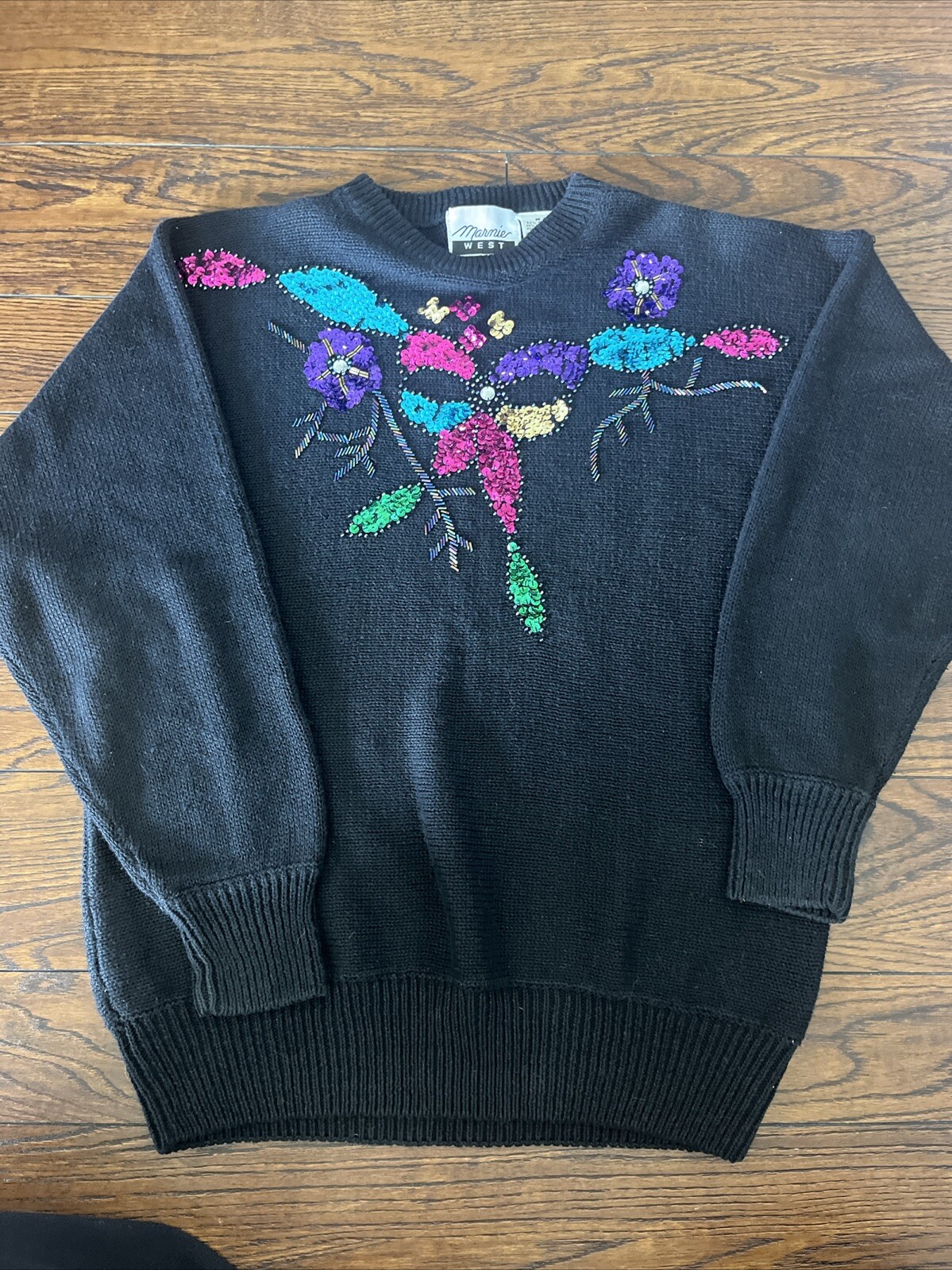VTG Marnie West Sweater Black Ramie Cotton Blend Sequin Beaded Floral Sz M