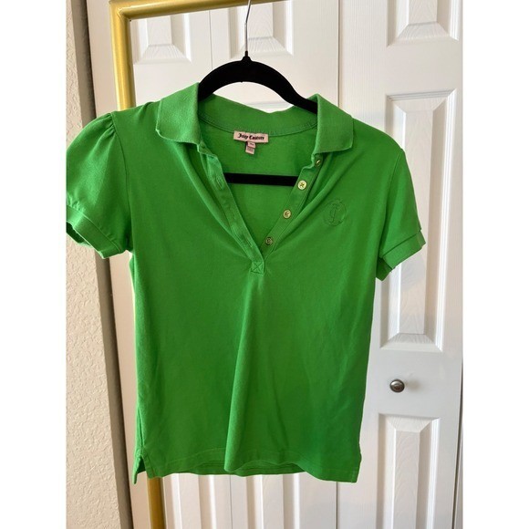 Vintage Juicy Couture Polo Shirt Green Cotton Pique Puff Sleeve Y2K Size XS