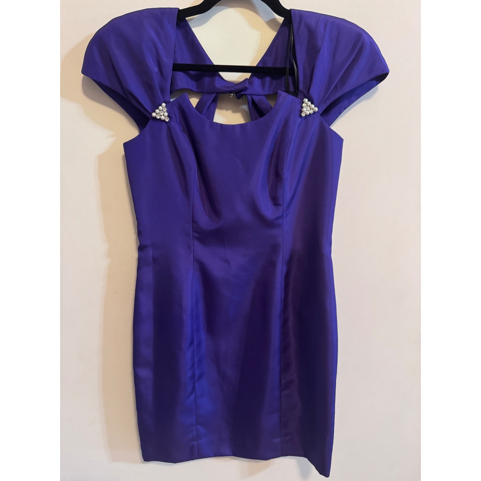 Vintage En Francais Huey Waltzer Purple Satin Cocktail Dress Pearl Detail Sz 8
