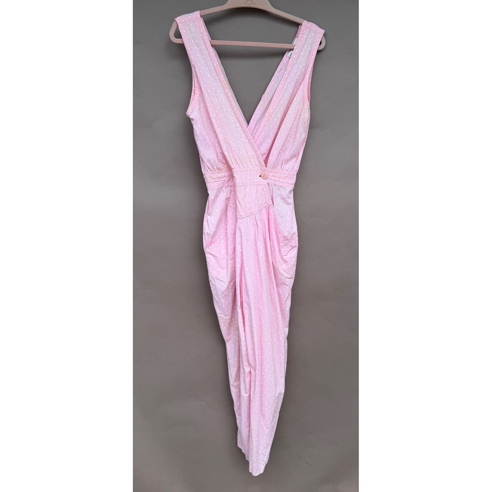 Benson E Smith Vintage 80s Pink Polka Dot Cotton Jumpsuit Size 13 Pockets Retro