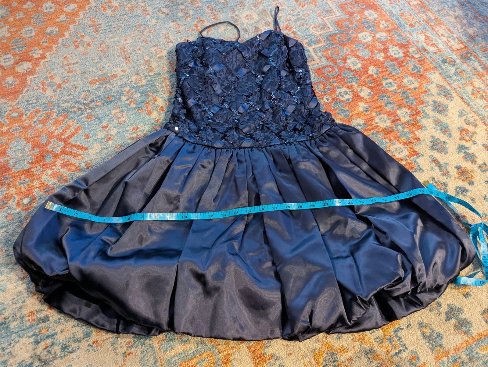 Vintage 80&rsquo;s Size Small/Med Formal Sequin Lace Ribbon Bodice Bubble Skirt Dress