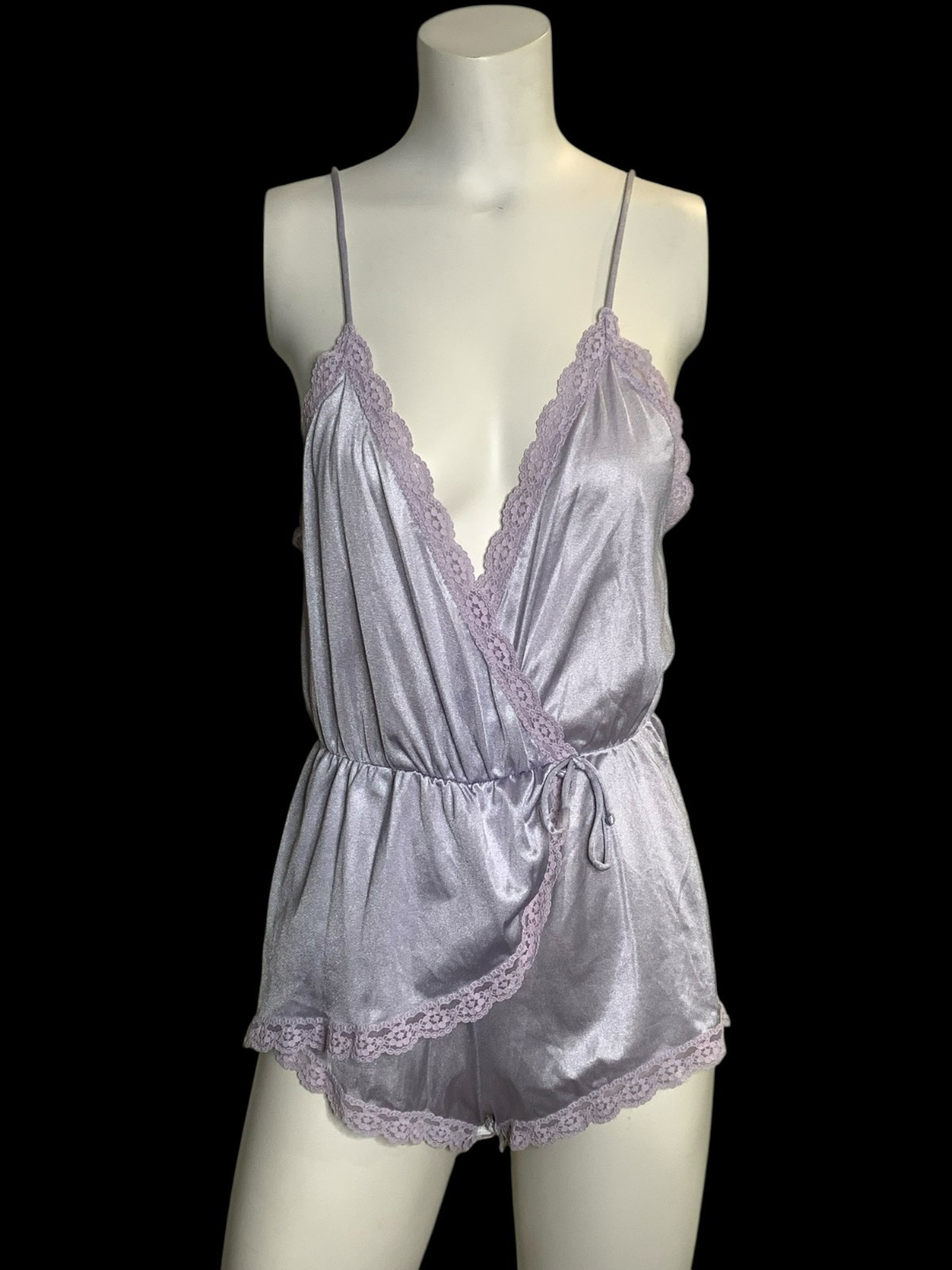VTG Flair Silky Nylon Bodysuit Teddy Romper Lace Trim Coquette Lingerie M USA