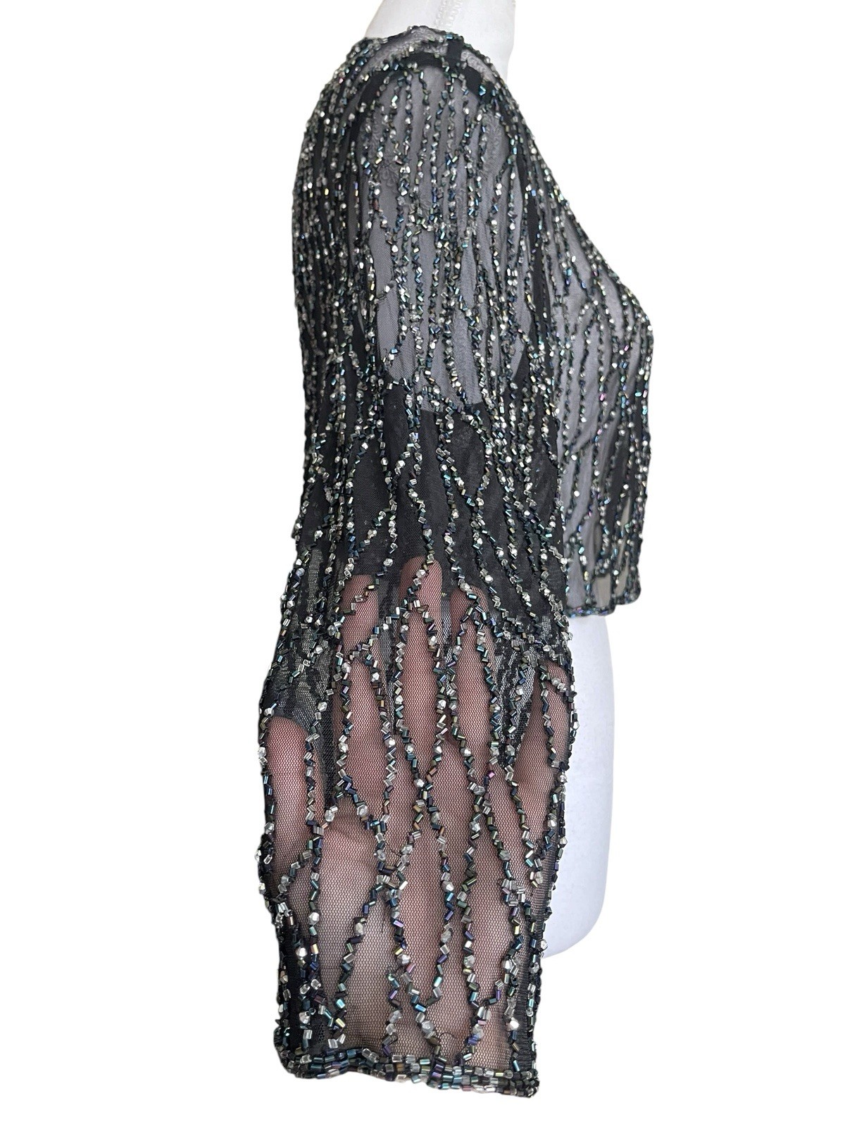Vintage 90s Sheer Mesh Beaded Bolero Shrug Sz L Old Hollywood Glamour Whimsigoth