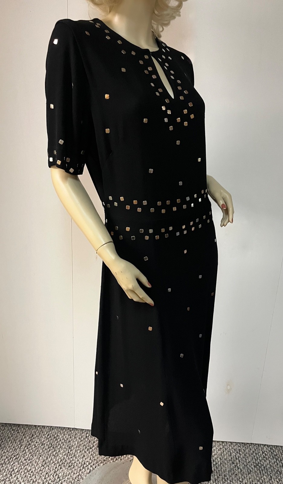 Stunning Prong Set Studded Vintage 1940s Black Rayon Mid Calf Dress Bust 38-39