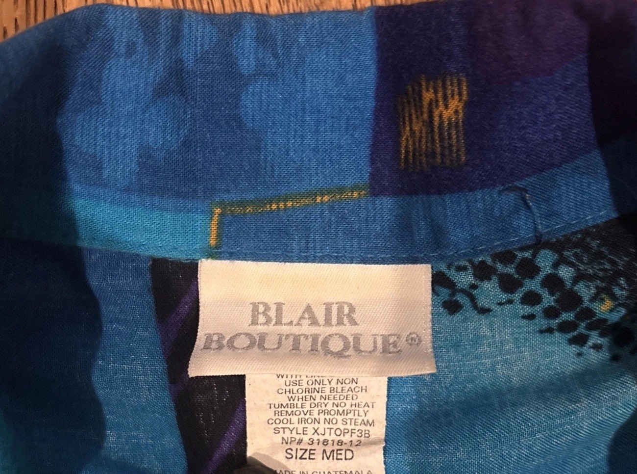 Vintage Blair Boutique Button Down Blouse 1980’s Blue Geometric Shoulder Pads A1