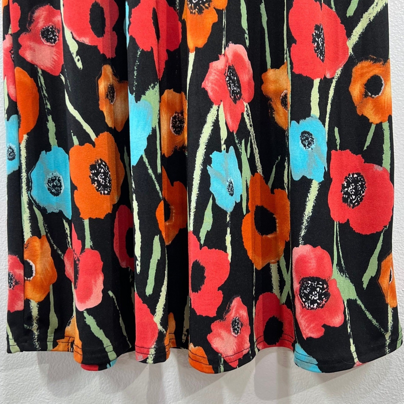 Vtg. Jostar Poppy Floral Travel Maxi Dress Slinky Stretch Knit Short Sleeve USA