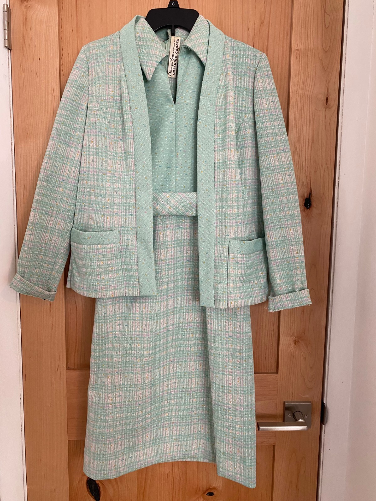 Vintage 60s Mod Sea Foam Green Plaid Dress Blazer Suit by Eleanor Brenner