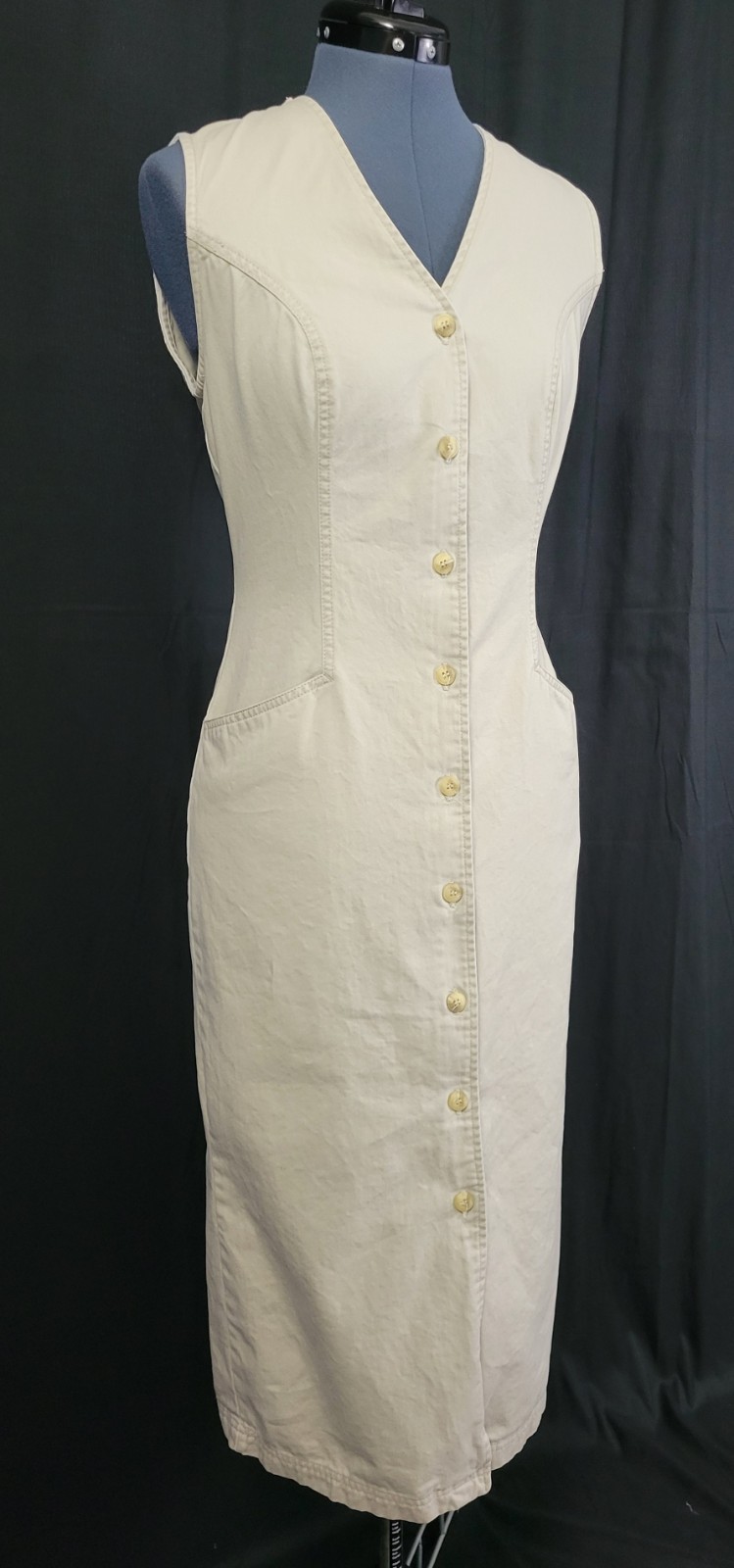 Vintage Gloria Vanderbilt Khaki Button Down Sheath Dress w Pockets Size S