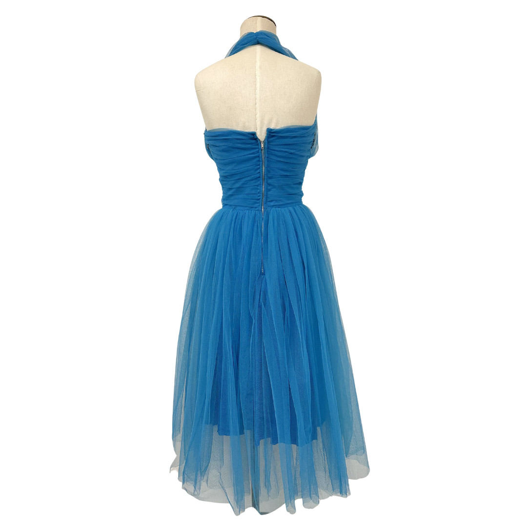 Vintage 1950s Blue Sequin Halter Tulle Cupcake Party Dress