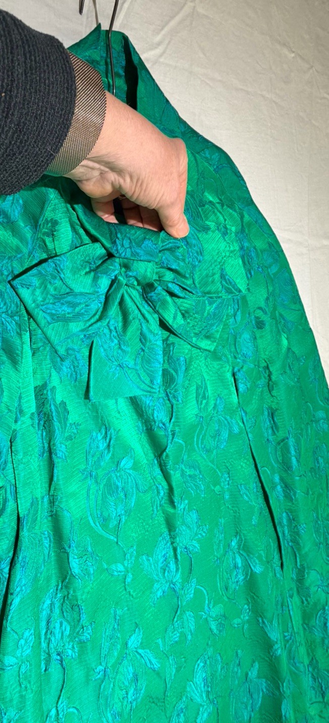 Vintage Custom Tailored Teal Green Blue Jacquard Floral Long Opera Cape-One Size