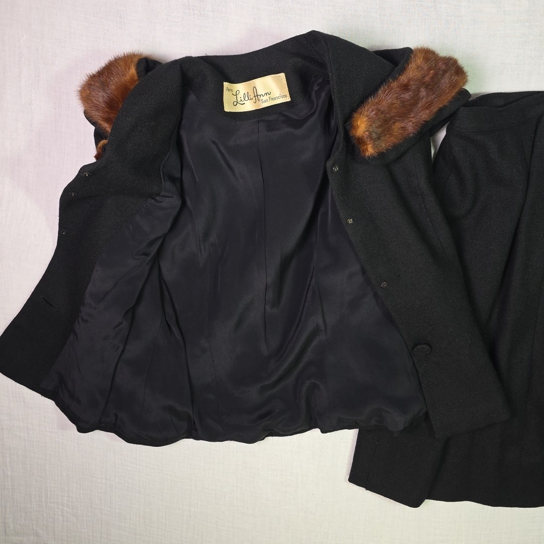 Vintage Lilli Ann Black Wool Suit Set w Genuine Fur Collar 2 Pc Small