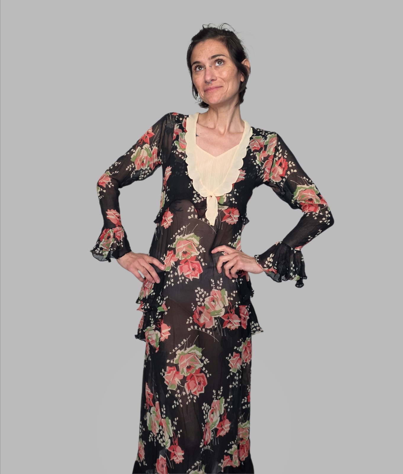 Authentic 1920s Black Silk Chiffon Dress | Floral Appliqué Flapper Gown |…