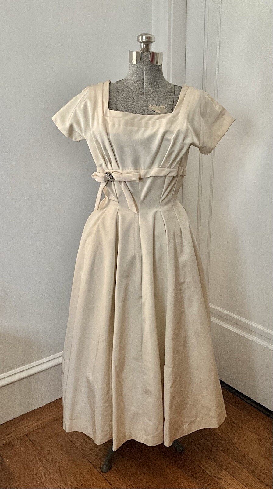 Vintage 1950&rsquo;s Suzy Perette Ivory Silk Faille Dress with Framed Neckline