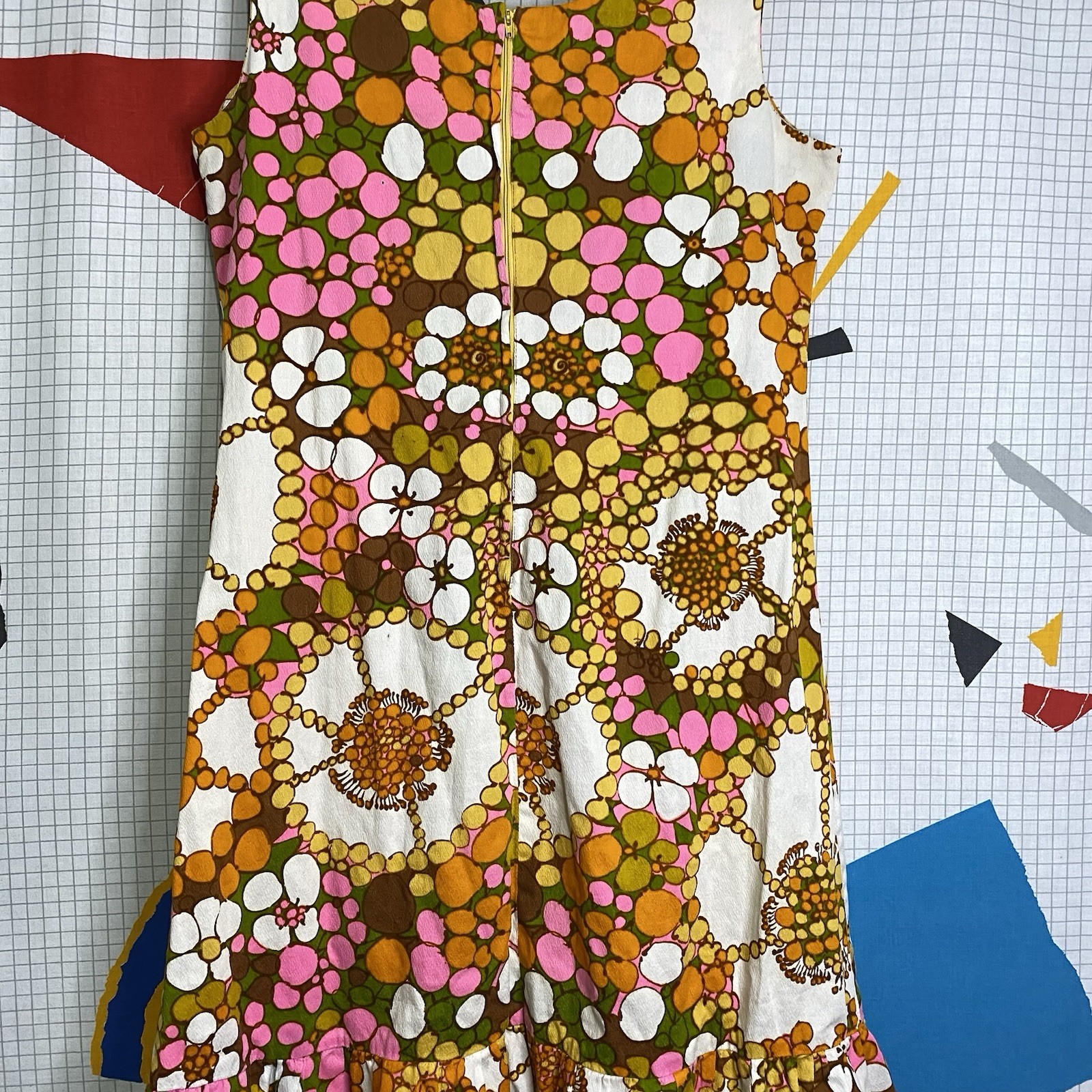 Vintage 60s Mod Mini Dress Gogo Floral Medium Hawaiian Cotton Bark Cloth Hippie