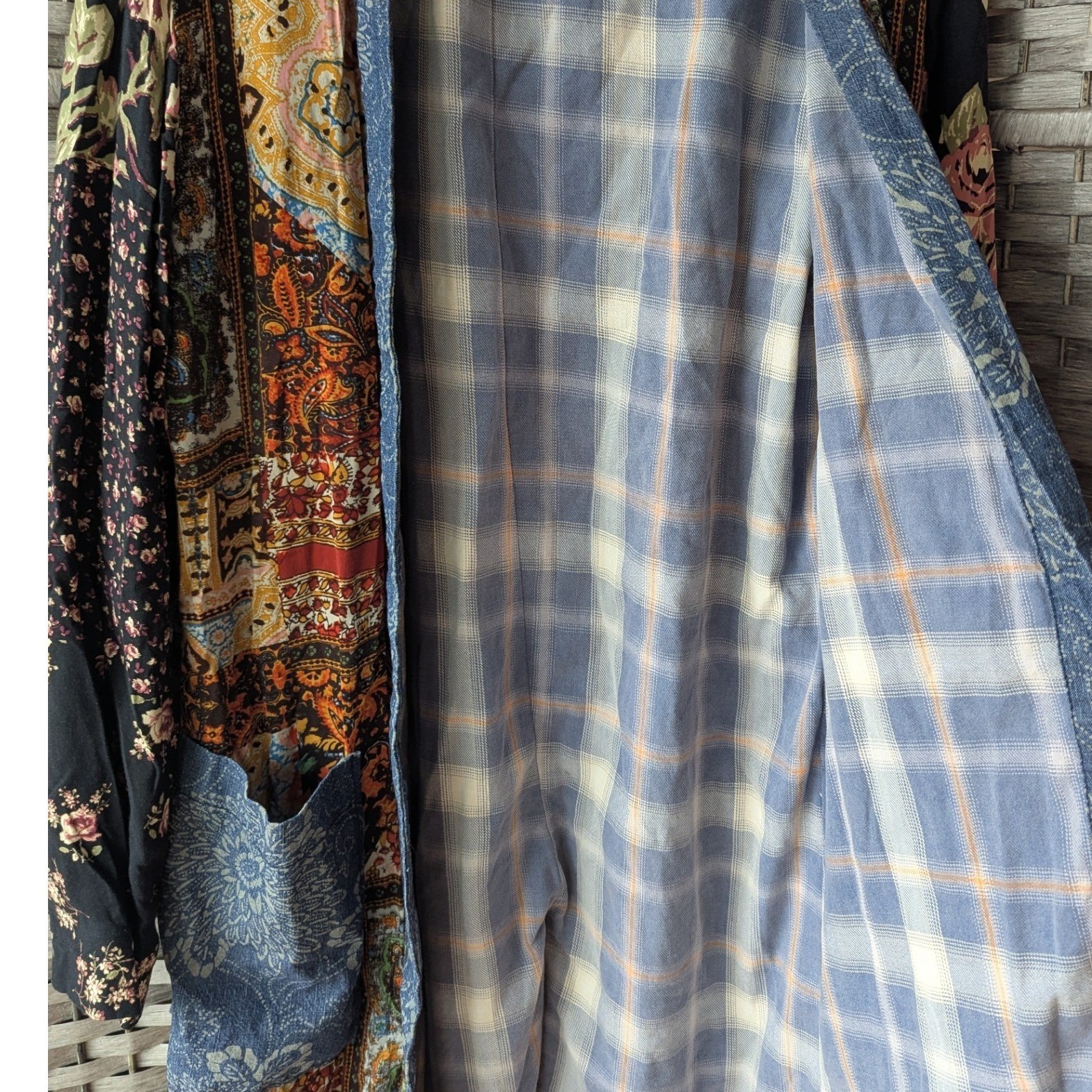 Free People Song Bird Duster Jacket Patchwork Mixed Print Sz M Boho Festival